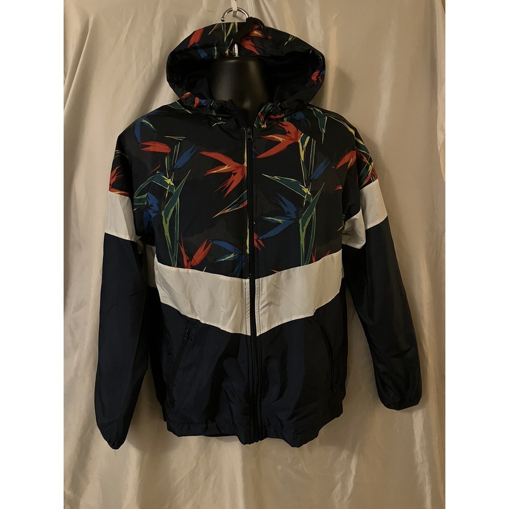 VTG Russell Athletic Nylon Hooded Windbreaker Jacket Colorful Tropical Mens Sz S